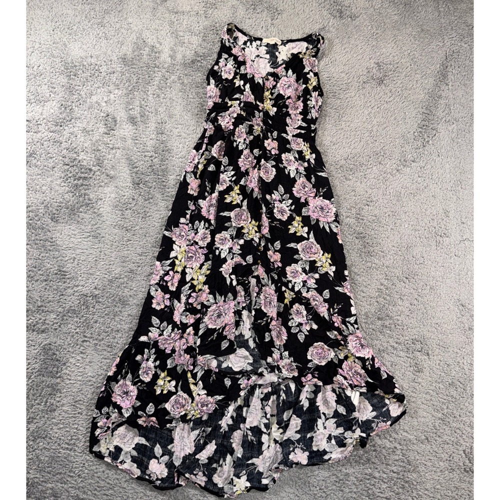Rewind Floral Maxi Dress Size L Black Pink Sleeveless Button Front Smocked Waist